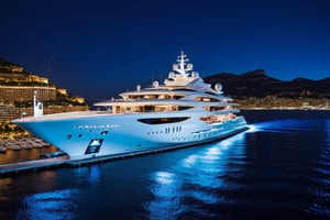 masterpiece, best quality, Wide angle product ultra detailed photo of a 156 meter super yacht docked in monaco . The yacht is ultra realistic. the weather is overcast, perfect simetry, ultra shaper, 35mm photography, professional, 8k, highly detailed, extremely realistic., Movie still, night time, blue led yacht lights in water, 3 levels only, helipad with helicopter shown static ,Extremely Realistic,Movie Still