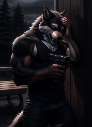 sad, depressed, realistic, anthropomorphic, muscular, anthro wolf with tail, yellow eyes, furry tail furry, (by personalami:0.5), zcik, (soft shading), 4k, hi res, detailed eyes, 8k eyes, eyes focus, colorful eyes, sweat, long tails, muscular, handsome, tails shown, anthro males in the background shown clearly, depressed expression, bruises on arms, standing in front of bench, holding gun to his head, suicidal thoughts, rain pouring down, eerie weather, tears from eyes, tank top, shorts, face blush, crying out in rage, baring teeth, open mouth, rage face