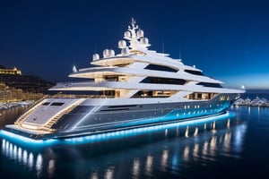masterpiece, best quality, Wide angle product ultra detailed photo of a 156 meter super yacht docked in monaco . The yacht is ultra realistic. the weather is overcast, perfect simetry, ultra shaper, 35mm photography, professional, 8k, highly detailed, extremely realistic., Movie still, night time, blue led yacht lights in water, 3 levels only, helipad with helicopter shown static ,Extremely Realistic,Movie Still