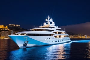 masterpiece, best quality, Wide angle product ultra detailed photo of a 156 meter super yacht in monaco. The yacht is ultra realistic. the weather is overcast, perfect simetry, ultra shaper, 35mm photography, professional, 8k, highly detailed, extremely realistic., Movie still, night time, blue led yacht lights, 3 levels only, helipad on back deck with helicopter shown static 