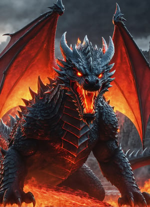 fearsome dragon, (breathing fire from mouth), hellish background with castle in sight, cool, red glowing eyes (masterpiece), (extremely complex: 1.3), lava flowing from castle, highly detaited, 8k, 1000mp, ultra sharp, realistic, detailed body, 4k body, 4k detailed, beautiful lighting,