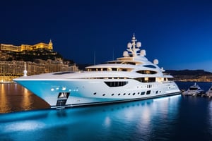 masterpiece, best quality, Wide angle product ultra detailed photo of a 156 meter super yacht docked in monaco . The yacht is ultra realistic. the weather is overcast, perfect simetry, ultra shaper, 35mm photography, professional, 8k, highly detailed, extremely realistic., Movie still, night time, blue led yacht lights in water, 3 levels only, helipad with helicopter shown static 