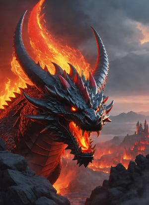 fearsome dragon, (breathing fire from mouth), hellish background with castle in sight, cool, red glowing eyes (masterpiece), (extremely complex: 1.3), lava flowing from castle, highly detaited, 8k, 1000mp, ultra sharp, realistic, detailed body, 4k body, 4k detailed, beautiful lighting,