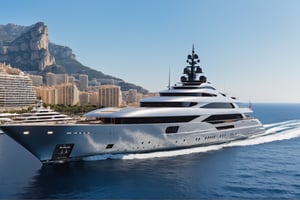  photograph of 512 feet long super yacht in monaco, cool, full yacht in frame, long yacht, highly detaited, 8k, 1000mp, ultra sharp, master peice, realistic, detailed exterior, 4k body, 4k detailed, beautiful skyline scenery, realism, realistic yacht, 
