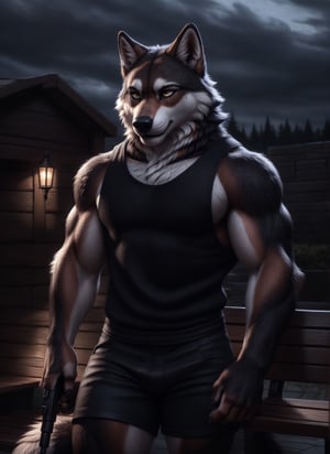 realistic, anthropomorphic, muscular, anthro wolf with tail, yellow eyes, furry tail furry, (by personalami:0.5), zcik, (soft shading), 4k, hi res, detailed eyes, 8k eyes, eyes focus, colorful eyes, sweat, long tails, muscular, handsome, tails shown, anthro males in the background shown clearly, depressed expression, bruises on arms, standing in front of bench, gripping gun in hand, thinking about something, rain pouring down, eerie weather, tears from eyes, tank top, shorts, 