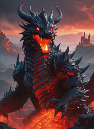 fearsome demon dragon, hellish background with castle in sight, cool, red glowing eyes (masterpiece), (extremely complex: 1.3), lava flowing from castle, highly detaited, 8k, 1000mp, ultra sharp, realistic, detailed body, 4k body, 4k detailed, beautiful lighting,