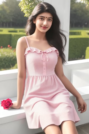 it's kiran 18 year old indian girl figure size 33 29 34 wearing night dress, pink colour , (Best quality, Ultra-detailed, Realistic:1.37), Professional, Beautiful detailed eyes, Beautiful detailed lips, Detailed facial features, Natural skin tone, Perfect skin texture, Image in high resolution, happy face, Realistic Skin, plain face, natural smile, highly detailed hair, (Kiran, beautiful young Indian woman), holding a Red rose in her hand She is looking with her head turned to the right, overlooking the Taj Mahal in the garden behind, which reflects her impeccable style and grace. The high-resolution image shows ultra-detailed realism, highlighting Kiran's striking eyes, expressive lips and happy facial features.seating on bad in the room wearing night dress in pink coulour , wearing night dress , pink colour dress 