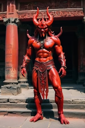 full body shot of bright red demon in ancient city
