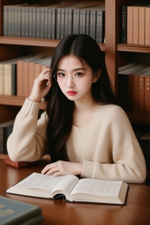 Imagine a captivating photo-style scene featuring a young Korean girl in a library setting. The girl is elegantly dressed, exuding intelligence and sophistication. She may wear stylish glasses, indicating her studious nature. The library is well-lit with natural light, featuring rows of bookshelves filled with books of various genres. The atmosphere is serene, fostering a conducive environment for studying and reading. The girl could be engrossed in a book, studying at a table, or even exploring the library shelves. Capture the essence of a quiet and intellectual moment in a modern Korean library, highlighting the blend of contemporary fashion and scholarly pursuits. Aim for a visually appealing representation with attention to details that evoke the ambiance of a stylish library.

