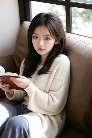 Imagine a candid and relaxed photo-style scene featuring a Korean girl lying on the sofa. The atmosphere is casual and comfortable, with the girl adopting a laid-back position. Dressed in cozy attire, she appears at ease, perhaps engrossed in a book or simply enjoying a moment of leisure. The soft lighting in the room enhances the cozy ambiance, creating a perfect setting for unwinding. Capture the genuine and tranquil essence of the scene as the Korean girl lies on the sofa, embracing a moment of relaxation in her own space.
