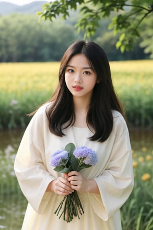 Imagine a picturesque photo-style scene portraying a young Korean girl smiling and standing in a scenic field, holding a flowers. The setting is idyllic, with lush greenery and colorful blossoms surrounding her. The sunlight gently bathes the landscape, creating a warm and inviting atmosphere. The girl is dressed in a stylish yet comfortable outfit, reflecting her vibrant personality. Capture the joy and innocence in her expression as she admires the flowers, and ensure the composition highlights the beauty of nature and the girl's connection to it. Emphasize the tranquility of the moment and the simple yet profound happiness derived from the interaction between the girl and the blooming flowers.