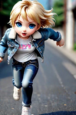 A girl with short blond hair, blue eyes, white top, denim jacket, jeans, running pose, realistic photo style, close up,ral-chrcrts,chibi,DonMF43XL