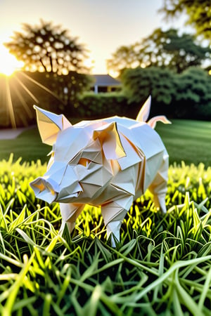 A close-up shows an all-white origami pig standing with its feet on lush green grass, the soft golden light of the setting sun casting a warm glow behind it. The surrounding green grass is swaying gently in the breeze..