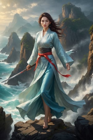 perfect face, beautiful eyes, delicate lips, Chinese swordswoman, holding a big long sword, elegant clothing, standing on a rocky cliff, rough waves below the cliff, sunlight filtering through the clouds, dramatic lights and shadows, bright colors, sonorous and powerful gestures, following the wind flowing hair, poised, Chinese landscape painting, realistic, best quality, 4k, 8k