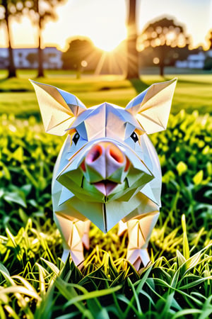 A close-up shows an all-white origami pig standing with its feet on lush green grass, the soft golden light of the setting sun casting a warm glow behind it. The surrounding green grass is swaying gently in the breeze..