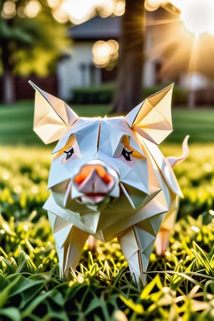 A close-up shows an all-white origami pig standing with its feet on lush green grass, the soft golden light of the setting sun casting a warm glow behind it. The surrounding green grass is swaying gently in the breeze..