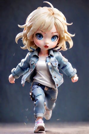 A girl with short blond hair, blue eyes, white top, denim jacket, jeans, running pose, realistic photo style, close up,ral-chrcrts,chibi