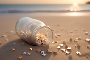 (Movie photo style high quality: 1.2), super detailed, (sand grains cover half of the glass bottle: 1.5), bottle filled with small (paper stars: 1.5), lying on the beach, beach landscape, sunset, crystal clear glass, Beach, subtle wavy water, sparkling sand, tiny seashells, gentle breeze, relaxing atmosphere, dreamy scene, tranquil environment, lens flare, macro shot