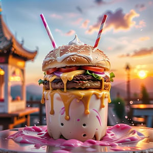 (+18) , nsfw, 

cheeseburger splashed into a pool of milkshake, 
Best quality,masterpiece,ultra high res,booth,,food focus,still life,food,simple background,sunset view background,,