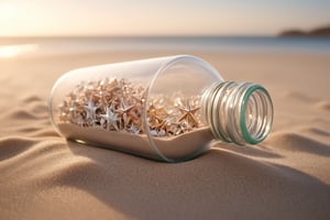 (Movie photo style high quality: 1.2), super detailed, (sand grains cover half of the glass bottle: 1.5), bottle filled with small (paper stars: 1.5), lying on the beach, beach landscape, sunset, crystal clear glass, Beach, subtle wavy water, sparkling sand, tiny seashells, gentle breeze, relaxing atmosphere, dreamy scene, tranquil environment, lens flare, macro shot
