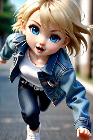 A girl with short blond hair, blue eyes, white top, denim jacket, jeans, running pose, realistic photo style, close up,ral-chrcrts,chibi,DonMF43XL