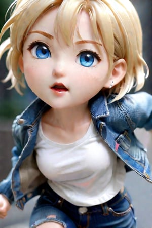 A girl with short blond hair, blue eyes, white top, denim jacket, jeans, running pose, realistic photo style, close up,ral-chrcrts,chibi,DonMF43XL,Korean