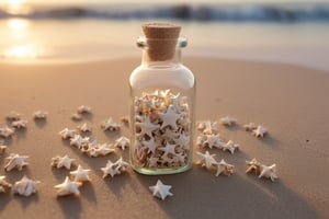 (Movie photo style high quality: 1.2), super detailed, a glass bottle filled with small (paper stars: 1.5), half exposed on the sand horizontally at 75 angle, beach landscape, sunset, crystal clear glass, Beach, subtle wavy water, sparkling sand, tiny seashells, gentle breeze, relaxing atmosphere, dreamy scene, tranquil environment, lens flare, macro shot