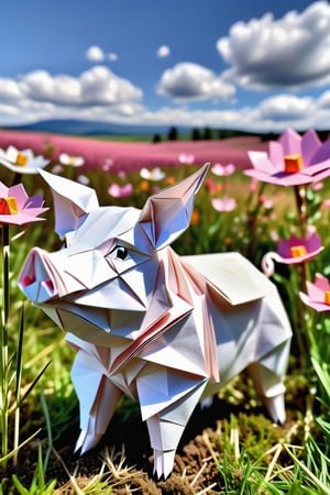 An intricately folded origami pig, its delicate features crafted from white paper, stands up amidst a vibrant meadow.