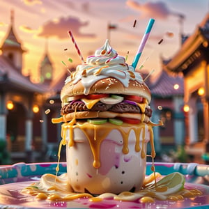(+18) , nsfw, 

cheeseburger splashed into a pool of milkshake,Super real  photo,Best quality,masterpiece,ultra high res,booth,,food focus,still life,food,simple background,sunset view background,,