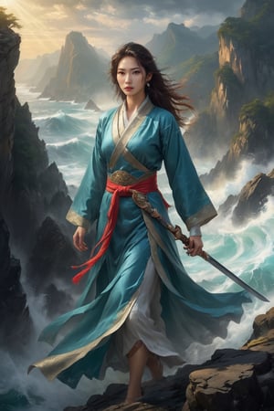 perfect face, beautiful eyes, delicate lips, Chinese swordswoman, holding a big long sword, elegant clothing, standing on a rocky cliff, rough waves below the cliff, sunlight filtering through the clouds, dramatic lights and shadows, bright colors, sonorous and powerful gestures, following the wind flowing hair, poised, Chinese landscape painting, realistic, best quality, 4k, 8k