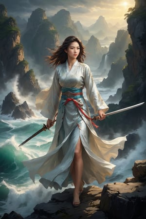 perfect face, beautiful eyes, delicate lips, Chinese swordswoman, holding a big long sword, elegant clothing, standing on a rocky cliff, rough waves below the cliff, sunlight filtering through the clouds, dramatic lights and shadows, bright colors, sonorous and powerful gestures, following the wind flowing hair, poised, Chinese landscape painting, realistic, best quality, 4k, 8k