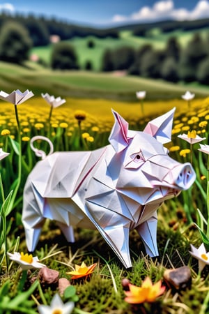 An intricately folded origami pig, its delicate features crafted from white paper, stands amidst a vibrant meadow.