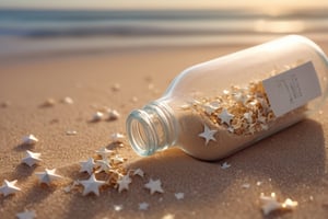 (Movie photo style high quality: 1.2), super detailed, (sand grains cover half of the glass bottle: 1.5), bottle filled with small (paper stars: 1.5), lying on the beach, beach landscape, sunset, crystal clear glass, Beach, subtle wavy water, sparkling sand, tiny seashells, gentle breeze, relaxing atmosphere, dreamy scene, tranquil environment, lens flare, macro shot