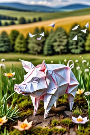 An intricately folded origami pig, its delicate features crafted from white paper, stands amidst a vibrant meadow.