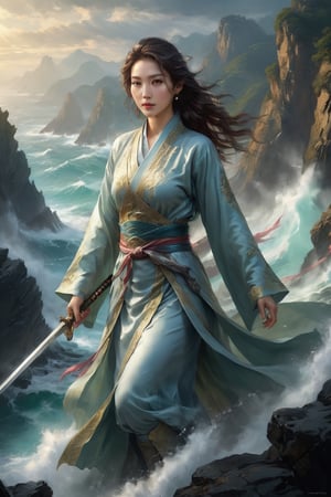 perfect face, beautiful eyes, delicate lips, Chinese swordswoman, holding a big long sword, elegant clothing, standing on a rocky cliff, rough waves below the cliff, sunlight filtering through the clouds, dramatic lights and shadows, bright colors, sonorous and powerful gestures, following the wind flowing hair, poised, Chinese landscape painting, realistic, best quality, 4k, 8k