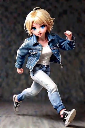 A girl with short blond hair, blue eyes, white top, denim jacket, jeans, running pose, realistic photo style, close up,ral-chrcrts,chibi,DonMF43XL