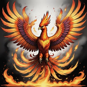 A phoenix, symbolizing rebirth and resilience, with wings spread wide and flames turning into paint strokes.