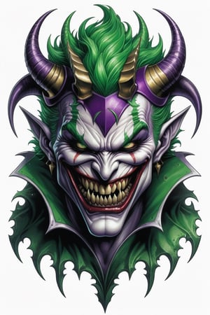 The mouth is torn long and the teeth are sticking out. The Japan classic JOKER monster with a rugged face with horns on its head,  tattoo design,  white background, detailed image,darkart,comic book,, BRIGHT GREEN  AND PURPLE COLOR