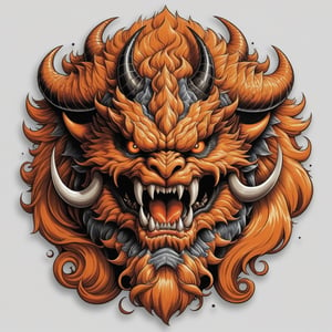 The mouth is torn long and the teeth are sticking out. The Japan classic monster with a rugged face with horns on its head,  tattoo design,  white background, detailed image,darkart,comic book,, ORANGE color