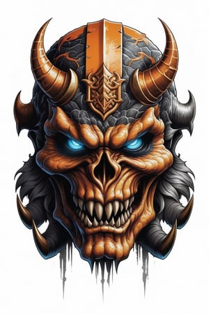 The mouth is torn long and the teeth are sticking out. The Japan classic monster with a rugged face with horns on its head,  tattoo design,  white background, detailed image,darkart,comic book,, ORANGE color