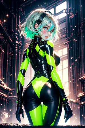 In a stunning 4K masterpiece, Konpaku Youmu from Touhou gazes directly at the viewer with expectant green eyes and a soft blush. Her delicate features are framed by short, white hair styled in a playful bob. A tight cybernetic bodysuit accentuates her curvaceous android physique, complete with android joints that seem almost lifelike.

The focus is on Youmu's captivating face, which exudes an air of curiosity. Her long, black eyelashes frame her eyes, which glow with an ethereal green light. The dynamic pose showcases her toned android body, highlighted by a striking thigh gap and perineum.

In the background, an extremely detailed cybernetic fantasy cityscape unfolds, bathed in a warm glow from Strong Backlit Particles. Youmu's white hair seems to shimmer against the vibrant hues of the city, creating a sense of depth and dimensionality. The overall effect is nothing short of breathtaking, with a color coordination that is simply 1.10.