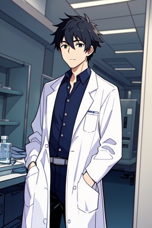 A professional healthcare male worker wearing a short lab coat that ends at the waist, designed for medical use. The image should capture the essence of a modern medical professional in a clinical setting, highlighting the crisp, clean lines of the lab coat and its practicality. The lab coat should have pockets and possibly visible buttons, conveying a sense of readiness and efficiency. The background should be simple and unobtrusive, ensuring the focus remains on the lab coat and its wearer.