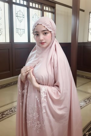 beautiful girls with hijab, (((naked))),  (()), praying in mosque, ((showing breast)), perfect body, perfect raised breast,mukena