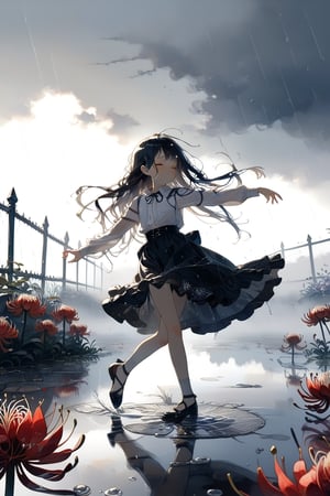 //quality, masterpiece:1.4, detailed:1.4,best quality:1.4,//(heavy raining),night, (cloudy),fog, spider_lily_(flower),(garden),puddle,fence,//,1girl,solo,(loli),//, black_hair,long hair, straight_hair,sidelocks,(closed_eyes),//,(black dress), white shirt,bow,long_sleeves,(white sleeves),black shoes,(wet),wet hair,wet clothes,wet legs,//,closed_mouth, blush,glommy face,//,(dancing),one_leg_raised,//,(straight-on),Deformed,blurry_background,motion_blur,