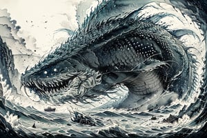 //quality, masterpiece:1.4, detailed:1.4,best quality:1.4,//,horror, terrible,giant sea monster,leviathan a sea monster,fangs,deep sea,dark sea,wide shot,no humans,scenery,ink,ink smike background, Chinese ink art