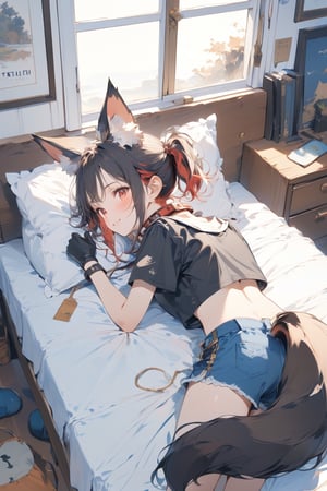 //quality, masterpiece:1.4, detailed:1.4, ,best quality:1.4, //, 1girl,solo,Tekeli,//,black fox ears,animal ear fluff,black fox tail,black hair,red inner hair,(short ponytail),sidelocks,red eyes,//,fashion,(adventure costume),cat_collar,(camouflage),crop top,short_sleeves,fox patterns,blue mini shorts, gloves,//,blush,smile,(face down),lying on bed,(on stomach),(thumb_up),//,indoors,bedroom,pillow,bed,from_behind,from_above,scenery