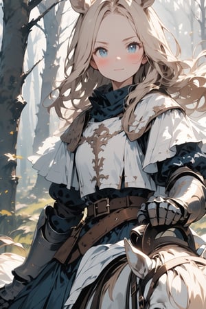 //quality, masterpiece:1.4, detailed:1.4,best quality:1.4,//,1girl,solo,royal knight,//,blonde_hair:1.3, long hair,(single braid),horse_ears,forehead,horse_tail, detailed eyes, blue eyes,//,detailed white armor,white cloak,puffy sleeves,gauntlets,leather_belt,//,blush, serious,light smile, closed_mouth,//,(riding on white horse),//, forest,wind effect, Medieval,