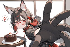 //quality, masterpiece:1.4, detailed:1.4, ,best quality:1.4, //, 1girl,solo,Tekeli,black fox ears,animal ear fluff,black fox tail,black hair,red inner hair,(short ponytail),sidelocks,red eyes,red_glasses,fashion,cat_collar,blush,looking_at_viewer,(spoken anger vein,),angry,pout,(holding cake),(chocolate cake),indoors,simple_background,IncrsPunchMeme,Tekeli,incoming punch