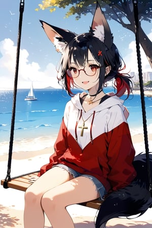 //quality, masterpiece:1.4, detailed:1.4, ,best quality:1.4, //, 1girl, cute,solo,Tekeli,//,black fox ears,animal ear fluff,black fox tail,black hair,red inner hair,short ponytail,sidelocks,collarbones,red eyes,small_chest,//, fashion,red_glasses,cross_necklace, hoodies,hood down,//,blush, happy, mouth open,smile,//, sitting on swings,//,outdoor,beach,sea,ink paint,plam tree,swings,wide shot, scenery, horizon ,blue sky