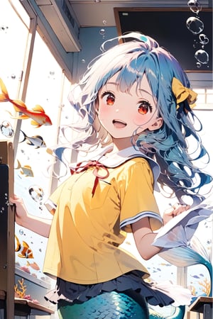 //quality, (masterpiece:1.4), (detailed), ((,best quality,)),//1girl,(mermaid:1.4),(loli:1.3), child,cute,//,(blue_hair:1.3),ahoge,floating_hair, detailed_eyes,(red eyes:1.2),//,bows,frilled,(yellow kindergarten uniform:1.3), yellow dress,//,smile,mouth_open,teeth,//,(holding paper:1.1),(facing_viewer, straight-on:1.4),//,(classroom:1.4), (back_against_wall:1.1), (blackboard:1.3),(indoors:1.3),detailed room, underwater,(fish:1.2), bubbles,close_up,( comic:1.4)